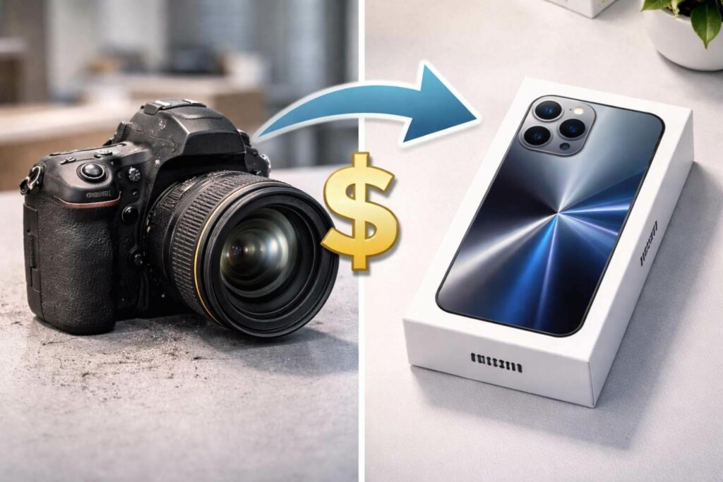 台中舊機換新機展示：單眼相機換購 iPhone / Trading in DSLR camera for new iPhone in Taichung.