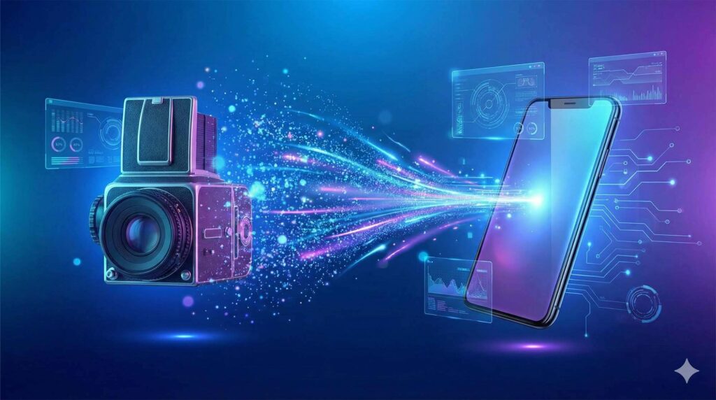 概念圖展示一台笨重的老式單眼相機轉化為一支輕薄的智慧型手機，數位粒子特效象徵科技升級與資金轉換 / Conceptual image of an old bulky DSLR transforming into a sleek new smartphone, digital particles, upgrade concept.